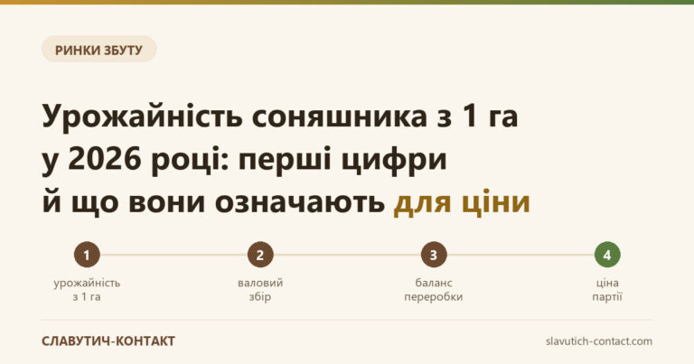 Урожайність соняшника з 1 га у 2026 році: схема з чотирьох ланок — від урожайності через валовий збір і баланс переробки до ціни партії