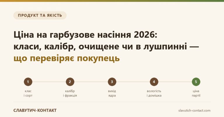 Ціна на гарбузове насіння 2026: ланцюг чинників ціни партії — клас і сорт, калібр і фракція, вихід ядра, вологість і домішка, ціна партії