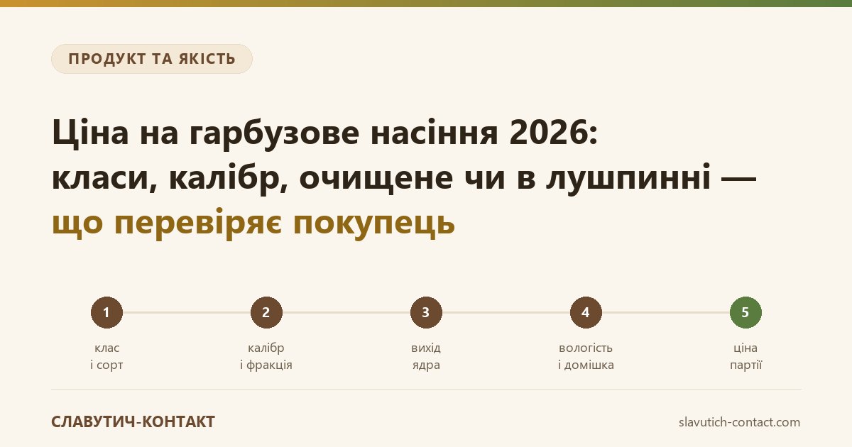 Ціна на гарбузове насіння 2026: ланцюг чинників ціни партії — клас і сорт, калібр і фракція, вихід ядра, вологість і домішка, ціна партії
