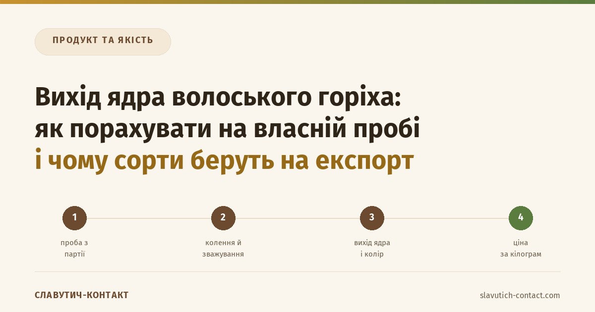 Вихід ядра волоського горіха: як порахувати на власній пробі і чому промислові сорти беруть на експорт 1 Вихід ядра волоського горіха: ланцюг від проби через вихід ядра і колір до ціни партії