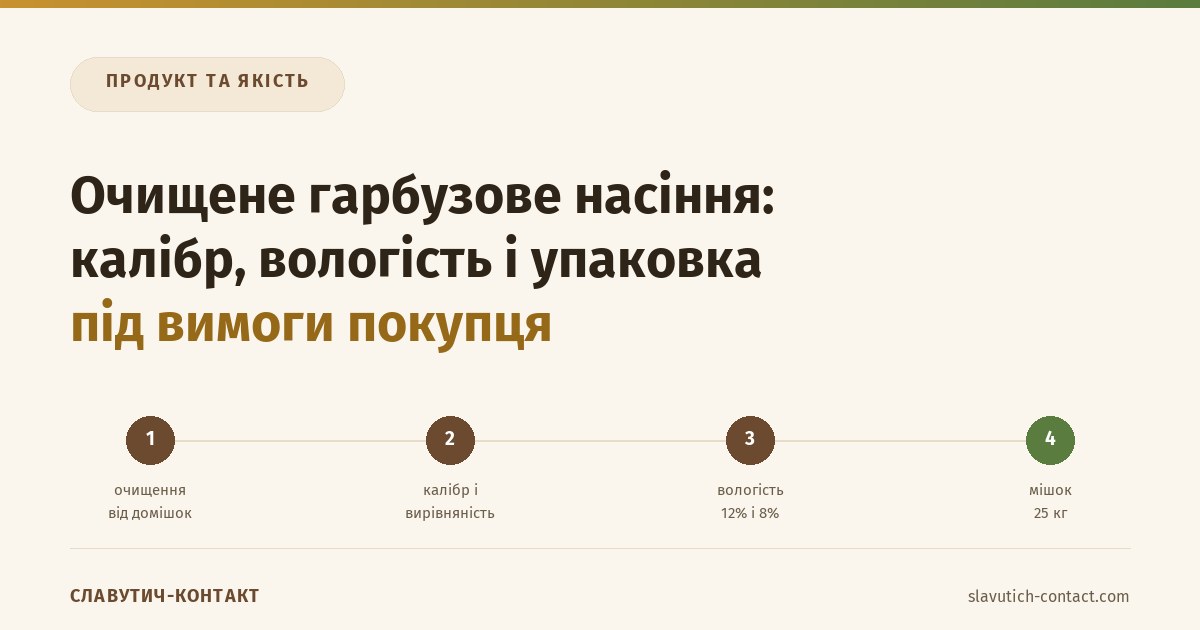Очищене гарбузове насіння: калібр, вологість і упаковка під вимоги покупця 1 Очищене гарбузове насіння: ланцюг від очищення через калібр і вологість до упаковки