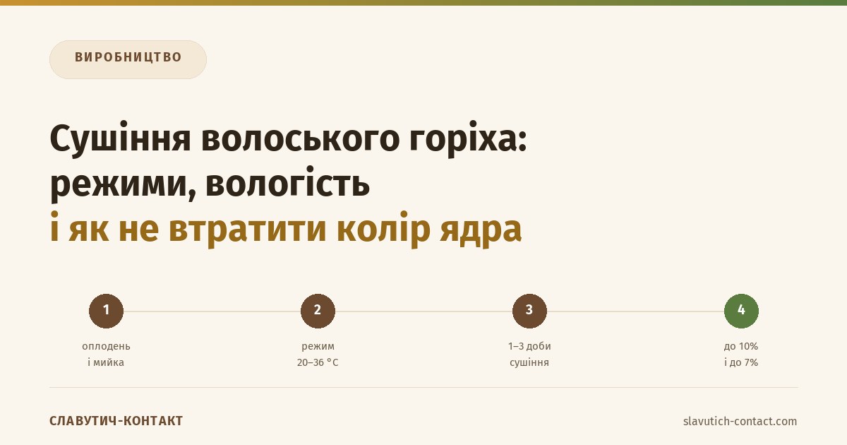 Сушіння волоського горіха: режими, вологість і як не втратити колір ядра 1 Сушіння волоського горіха: ланцюг від оплодня й мийки через режим сушіння до кольору ядра