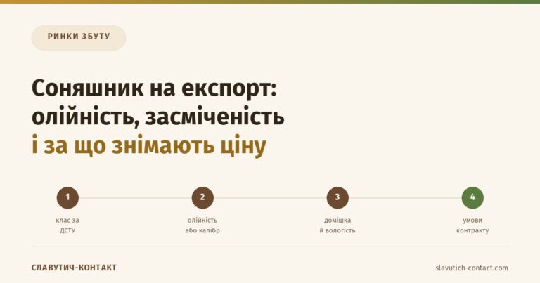 Соняшник на експорт: ланцюг від класу за ДСТУ через олійність і засміченість до умов контракту