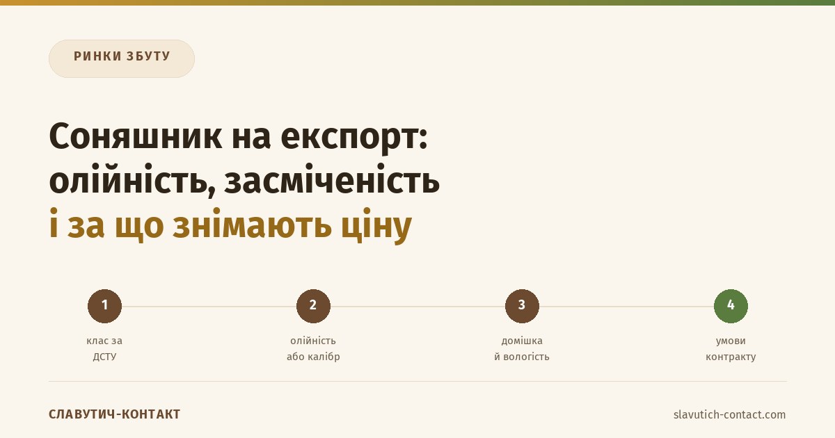 Соняшник на експорт: ланцюг від класу за ДСТУ через олійність і засміченість до умов контракту